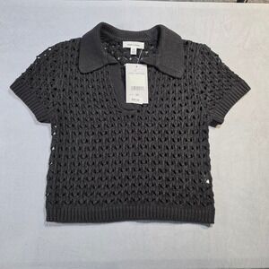 Stitch & Pine Womens Open Knit Crochet Polo Crop Sweater Black XS NEW